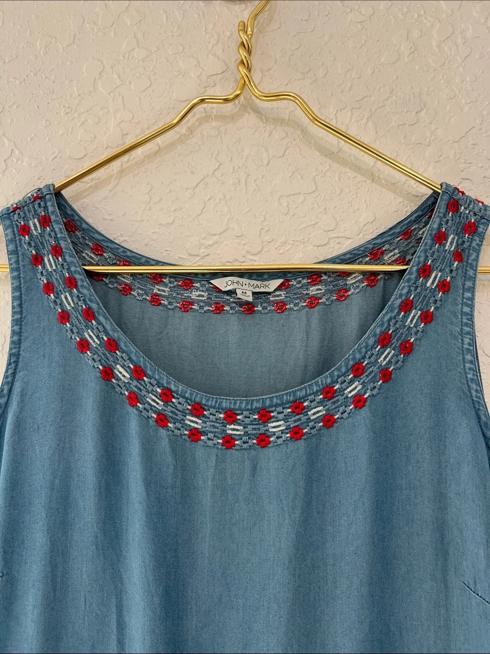 John Mark Chambray Tiered Embroidered Sleeveless Dress Medium - Picture 2 of 10